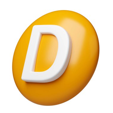 3 boyutlu D vitamini kapsülü turuncu altın eczane ikonu. Güzellik besin derisi hapları. Ürün tasarımı için mineral kompleksi. Tıbbi ve bilimsel kavramlar. İzole edilmiş beyaz arkaplan.