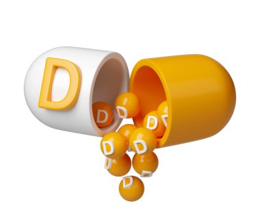 D vitamini portakalı kapsül 3D ikon. Moleküler formdaki mineraller kompleksi. Eczane reklamı için diyet takviyesi. Bilim doktoru konsepti. İzole edilmiş beyaz arkaplan.