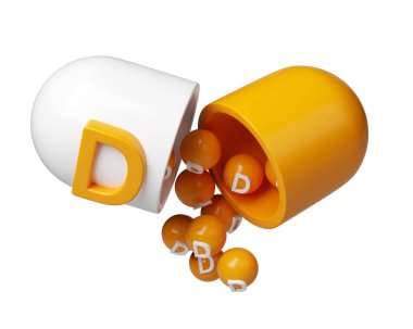 D vitamini portakalı kapsül 3D ikon. Moleküler formdaki mineraller kompleksi. Eczane reklamı için diyet takviyesi. Bilim doktoru konsepti. İzole edilmiş beyaz arkaplan.