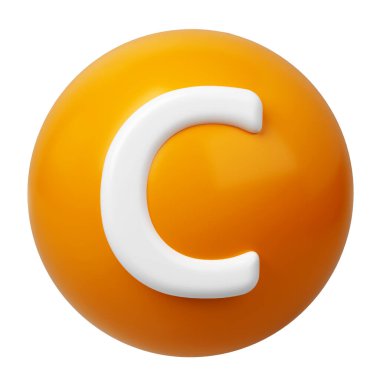 3 boyutlu C vitamini yuvarlak kapsül turuncu altın eczane ikonu. Güzellik besin cildi. Ürün tasarımı için karmaşık. Tıbbi ve bilimsel kavram. İzole edilmiş beyaz arkaplan.