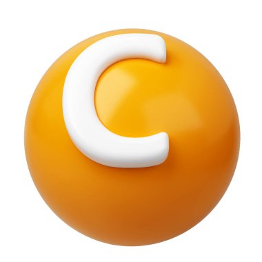 3 boyutlu C vitamini yuvarlak kapsül turuncu altın eczane ikonu. Güzellik besin cildi. Ürün tasarımı için karmaşık. Tıbbi ve bilimsel kavram. İzole edilmiş beyaz arkaplan.