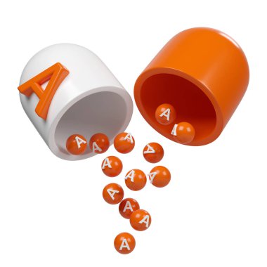 A vitamini portakal kapsülü 3D ikon. Moleküler formdaki mineraller kompleksi. Eczane reklamı için diyet takviyesi. Bilim doktoru konsepti. İzole edilmiş beyaz arkaplan.