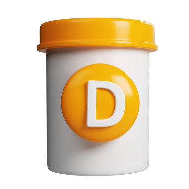 3D vitamin tüpü modeli ve turuncu haplar eczane ikonu. Bilim ve güzellik eczanesi için beyaz arka planda izole edilmiş kozmetik konsept..