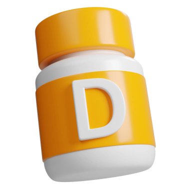 3 boyutlu turuncu ve beyaz tüp D vitamini tablet eczane ikonu. Bilim ve güzellik eczanesi için kozmetik kavramı beyaz arka planda izole edilmiştir..