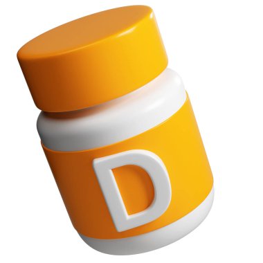 D vitamini turuncu ve beyaz tüp. 3D model tablet eczane ikonu. Bilim ve güzellik eczanesi için kozmetik kavramı beyaz arka planda izole edilmiştir..