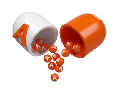 A vitamini portakal kapsülü 3D ikon. Moleküler formdaki mineraller kompleksi. Eczane reklamı için diyet takviyesi. Bilim doktoru konsepti. İzole edilmiş beyaz arkaplan.