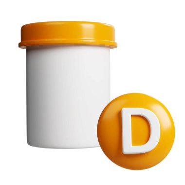 3D vitamin tüpü modeli ve turuncu haplar eczane ikonu. Bilim ve güzellik eczanesi için beyaz arka planda izole edilmiş kozmetik konsept..