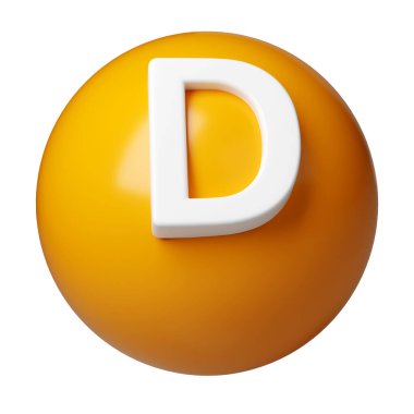 3 boyutlu D vitamini yuvarlak kapsül turuncu altın eczane ikonu. Güzellik besin cildi. Ürün tasarımı için karmaşık. Tıbbi ve bilimsel kavram. İzole edilmiş beyaz arkaplan.