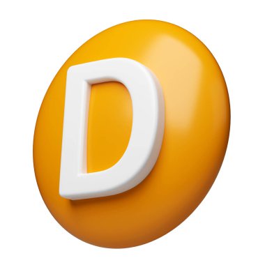 3 boyutlu D vitamini kapsülü turuncu altın eczane ikonu. Güzellik besin derisi hapları. Ürün tasarımı için mineral kompleksi. Tıbbi ve bilimsel kavramlar. İzole edilmiş beyaz arkaplan.