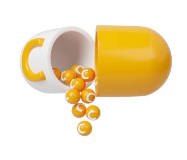 C vitamini portakalı kapsül 3D ikon. Moleküler formdaki mineraller kompleksi. Eczane reklamı için diyet takviyesi. Bilim doktoru konsepti. İzole edilmiş beyaz arkaplan.
