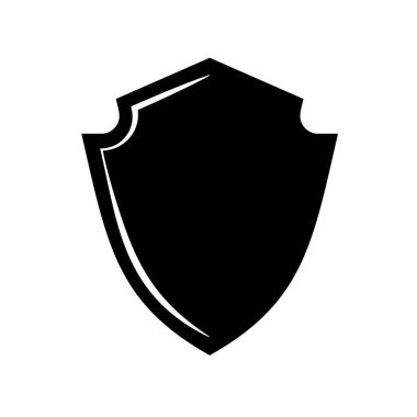 Kalkan logo şablonu düz illüstrasyon, siyah beyaz renkli simge koruma, güvenlik ve koruyucu sembol beyaz arkaplanda izole.