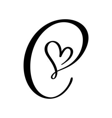 El çizimi vektör aşk harfi C. Klasik kalp monogramı. Senaryo büyük yazı tipi logosu. El yazısı fırça stili. Valentine elementi gelişiyor. sayfa dekorasyonu tasarımı illüstrasyonu için imzala