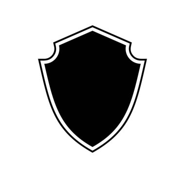 Kalkan logo şablonu düz illüstrasyon, siyah beyaz renkli simge koruma, güvenlik ve koruyucu sembol beyaz arkaplanda izole.