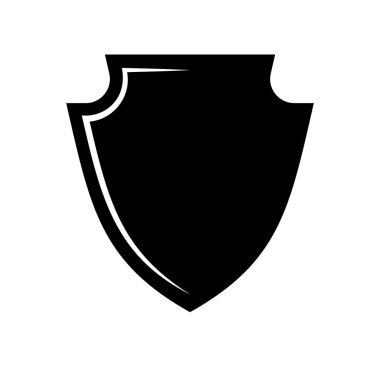 Kalkan logo şablonu düz illüstrasyon, siyah beyaz renkli simge koruma, güvenlik ve koruyucu sembol beyaz arkaplanda izole.