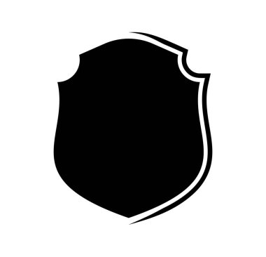 Kalkan logo şablonu düz illüstrasyon, siyah beyaz renkli simge koruma, güvenlik ve koruyucu sembol beyaz arkaplanda izole.