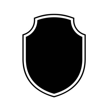 Kalkan logo şablonu düz illüstrasyon, siyah beyaz renkli simge koruma, güvenlik ve koruyucu sembol beyaz arkaplanda izole.