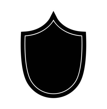 Kalkan logo şablonu düz illüstrasyon, siyah beyaz renkli simge koruma, güvenlik ve koruyucu sembol beyaz arkaplanda izole.