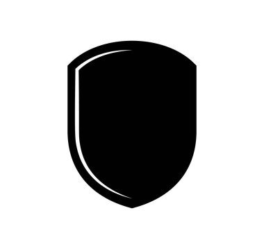 Kalkan logo şablonu düz illüstrasyon, siyah beyaz renkli simge koruma, güvenlik ve koruyucu sembol beyaz arkaplanda izole.