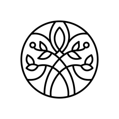 Çiçek yuvarlak logosu estetiği. Çember biçiminde amblem bitkisi. Doğal ürünler, çiçekçi, kozmetik, ekoloji kavramları, sağlık, kaplıca, yoga merkezi tasarımı için vektör soyut rozeti.