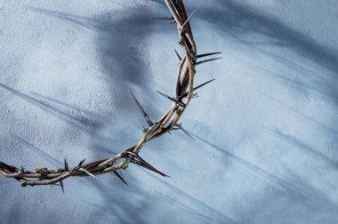 Dikenli taç, gri bir arka plana dramatik bir gölge düşürüyor. Fedakârlık, acı ve kefaret temalarını çağrıştırıyor.