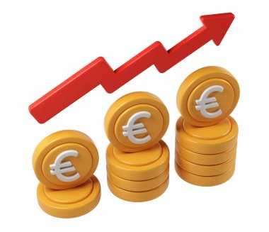 Saydam bir arkaplanda mali büyüme ve yatırım başarısını temsil eden, yükselen kırmızı oklu 3d avroluk avro para yığınları oluşturma simgesi