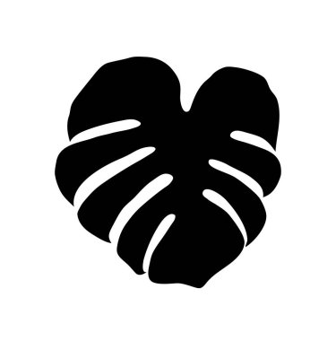 Siyah Monstera deliciosa vektör silueti dramatik yaprak şeklini vurguluyor, Stark monokromatik arka planına karşı ikonik kesme kalıplarını ortaya çıkarıyor