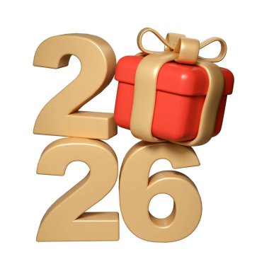 Kırmızı hediye kutusu ve yeni yılı şeffaf arkaplanda kutlayan 3D altın 2026.