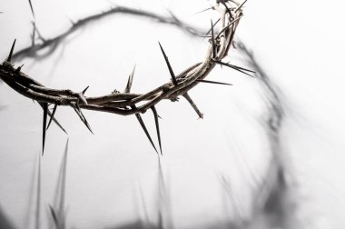 Dikenli taç, el değmemiş beyaz yüzeye dramatik bir gölge yansıtıyor, derin ruhsal fedakarlığı ve derin hatıraları simgeliyor.