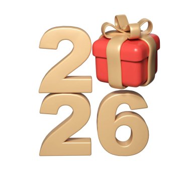 Kırmızı hediye kutusu ve yeni yılı şeffaf arkaplanda kutlayan 3D altın 2026.