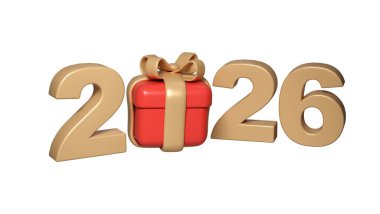Kırmızı hediye kutusu ve yeni yılı şeffaf arkaplanda kutlayan 3D altın 2026.