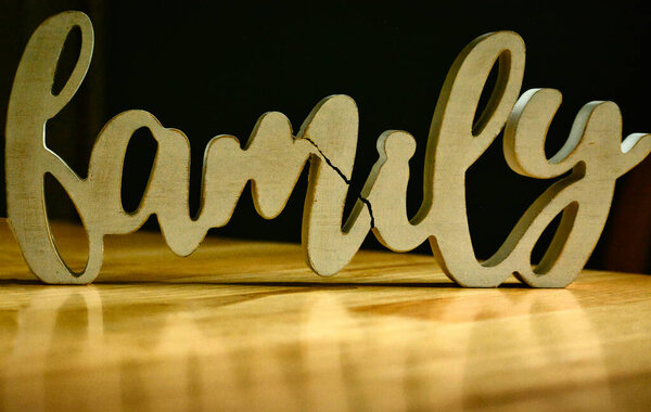 Wood cutout of word family with stress crack in it