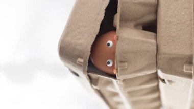 Vertical video of an animated egg in an egg carton on a white background. Copy space at top