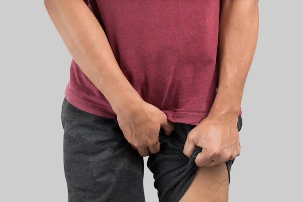 Asian Men Grab Cover His Crotch Because Wanting Urinate Gray — Stock Fotó