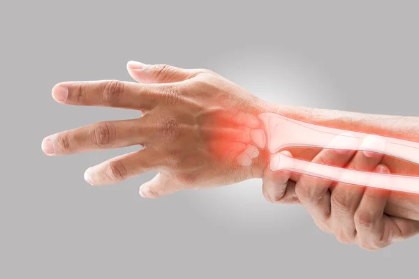 Man Massaging Painful Wrist Gray Background Pain Concept Osteoporosis — Stock Photo, Image