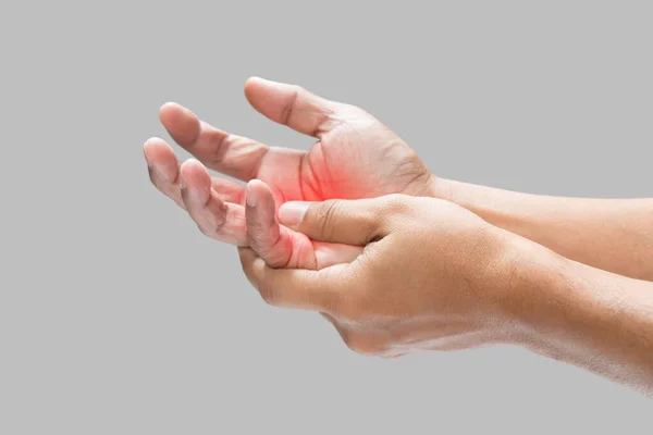 Pain Palm Hand Caused Bruising Injuring Isolated Gray Wall Background — Stockfoto