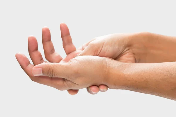 Pain in the palm of hand caused by bruising or injuring, Isolated on a gray wall background.