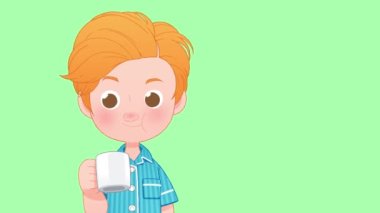 Mavi pijamalı çocuk ağzı gargara yapıyor, 2D animasyon tarzı.