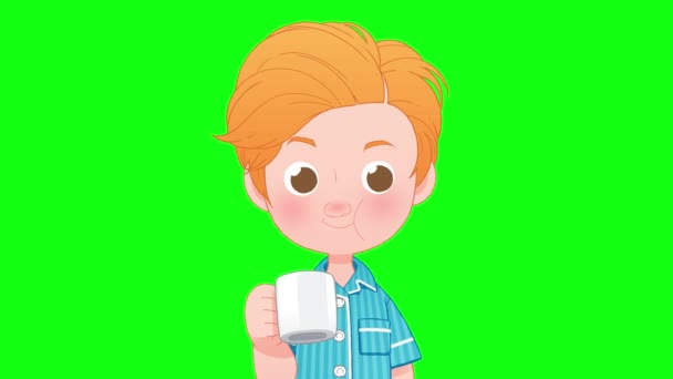 Мальчик Синей Пижаме Полоскает Рот Зеленом Фоне Экрана Animation Style — стоковое видео