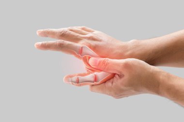 A man has a sore palm because of inflammation of the finger bone. clipart