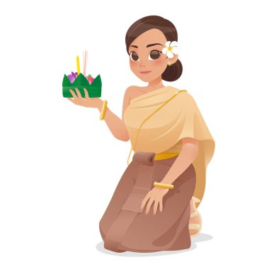 Bu illüstrasyonda geleneksel Tayland elbisesi giymiş bir kadın Loy Kratong Festivali 'ni kutluyor, Tayland kültürünün ve geleneklerinin güzelliğini yansıtıyor..