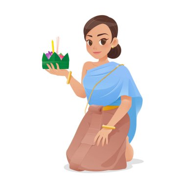 Bu illüstrasyonda geleneksel Tayland elbisesi giymiş bir kadın Loy Kratong Festivali 'ni kutluyor, Tayland kültürünün ve geleneklerinin güzelliğini yansıtıyor..