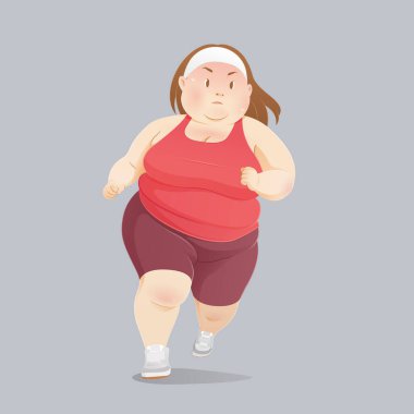 Bu illüstrasyon, spor kıyafetleriyle koşan kararlı şişman bir kadını gösteriyor. Sağlığını geliştirmek, kilo vermek ve günden güne güçlenmek istiyor..