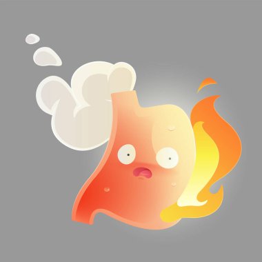 Bu vektör çizimi asit reflüsü ya da mide ekşimesini çizgi film karakteri ile açık gri arka planda yanma hissini vurgulamak için gösterir..