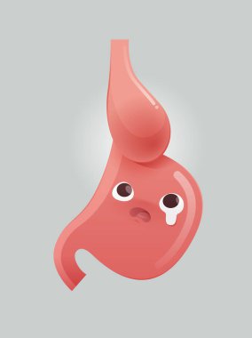 Hiatal fıtık, iç vücut parçalarını gösteren bir karikatür ile resmedilir, midenin bir kısmı diyaframdan göğüs boşluğuna doğru itilir..