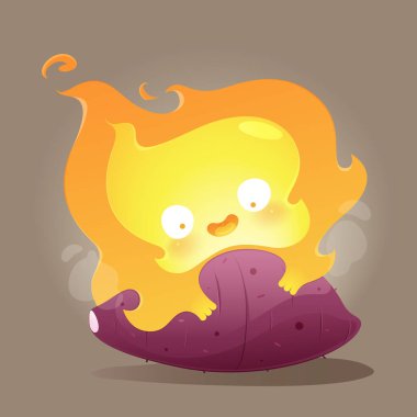 Bu büyüleyici çizgi film çizimi, Japon tatlı patatesine hafif bir yanık getiren dost bir ateş ruhunu yansıtıyor. Samimi bir arkadaşlık bunu keyifli bir ikram yapar..