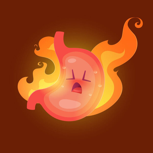 This vector illustration shows acid reflux (heartburn) with a cartoon stomach and fire character on a light gray background to highlight the burning sensation.