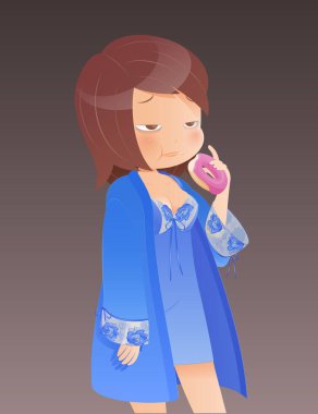 Mavili uykulu, aç bir kadının tatlı bir çizgi filmi. Geceleri yataktan gizlice çıkıp donut yiyor. Çünkü göbeği çatırdarken uyuyamıyor..