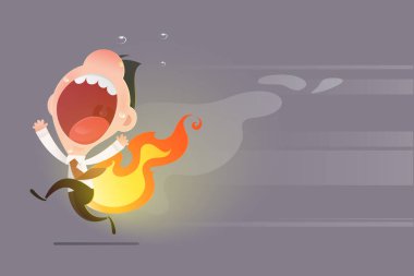 Urgent task, A cartoon illustration of a stressed businessman with fire on his ass, rushing to meet a deadline amid overtime chaos and work pressure in a typical office environment. Dateline, Overtime work, sensitive work
