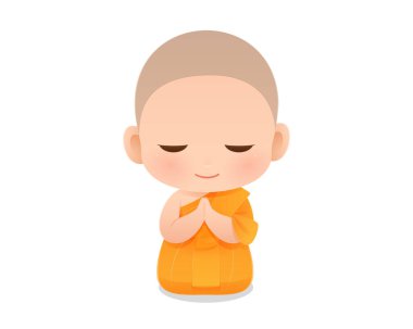 Budizm 'de huzur, inanç ve farkındalığı sembolize eden dingin bir gülümsemeyle diz çöküp dua eden genç bir keşişin büyüleyici karikatürü. Manevi ve kültürel temalar için mükemmel. Genç keşiş, Çocuk keşiş