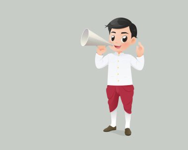 Ratchapatan takım elbiseli neşeli Taylandlı bir adam ve Jong Kraben klasik bir megafon kullanarak çekici bir şey duyuruyor, davet ediyor ya da sunuyor. Kültür veya festival temalı projeler için mükemmel.